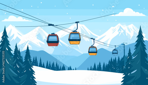 Ski resort gondolas traversing a snowy mountain landscape with pine trees and falling snow.