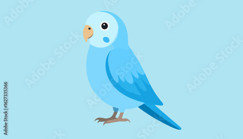 Adorable blue budgerigar cartoon illustration. A cute parakeet with a tan beak and cheek patch, standing in profile.
