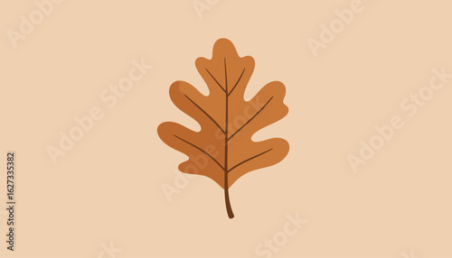 A stylized illustration of a single brown oak leaf with a lobed shape and dark veins.