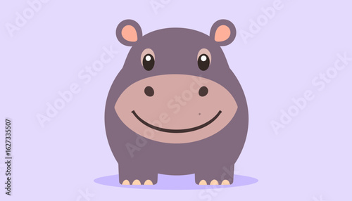 Cute purple hippopotamus cartoon character with a big friendly smile. Adorable flat vector illustration of a happy hippo.