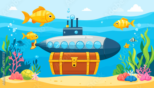 Cartoon submarine with round portholes carrying a large wooden treasure chest with gold fittings.