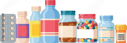 Collection of assorted pharmaceutical bottles and blister pack against a white background