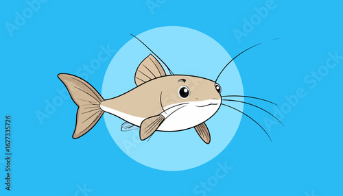 Friendly cartoon catfish illustration with a beige body, white belly, and long whiskers.