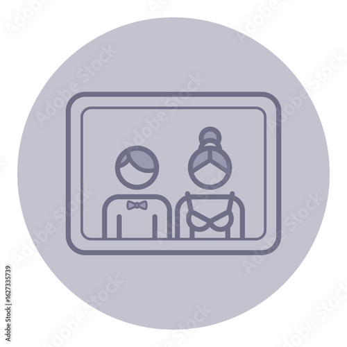 Line icon of couple in formal attire. Person in tuxedo and another in dress, showing classic representation of partnership and elegance