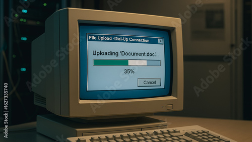 Old Computer Uploading: A vintage computer monitor displays a file upload in progress, evoking nostalgia for early digital technology. Capturing the essence of data transfer.