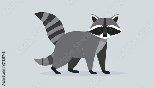 Cute grey raccoon illustration with a black mask and bushy striped tail, standing in a flat vector graphic style.