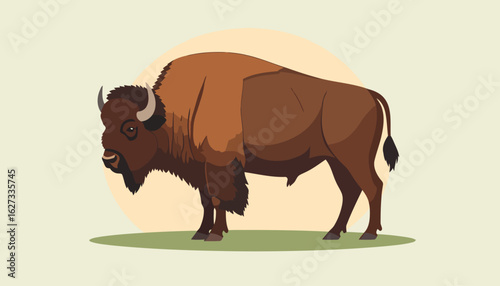 Stylized illustration of a majestic American bison standing in profile, featuring a shaggy brown coat, large hump, and curved horns.