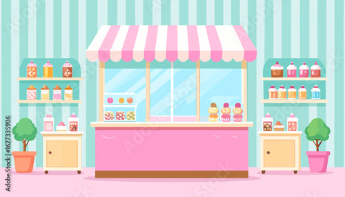 Charming Candy Shop Illustration with a Pink Stall, Striped Awning, and Shelves of Sweets.