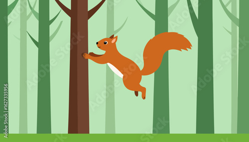 Cute orange cartoon squirrel with a bushy tail climbing a tree trunk. Flat vector illustration of a playful rodent.