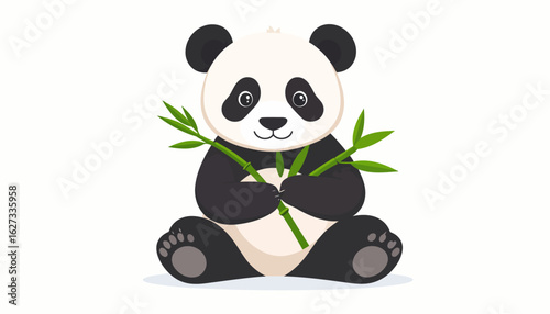 A charming cartoon panda bear cub sitting down, happily holding fresh green bamboo stalks