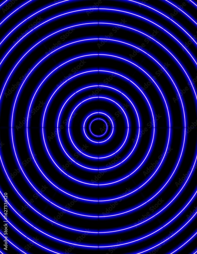Naklejka premium A vibrant blue concentric circle pattern set against a black background creates a captivating geometric design.