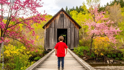 A boy stands on a wooden bridge, facing a rustic wooden building, surrounded by colorful spring blossoms