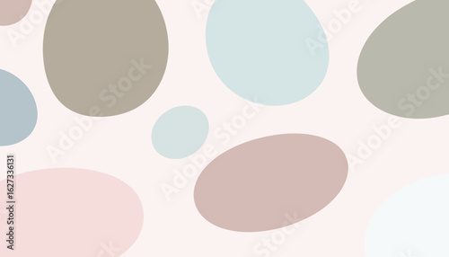 Modern abstract pattern with organic, pebble-like shapes in a calm, muted color palette of pink, blue, and brown.