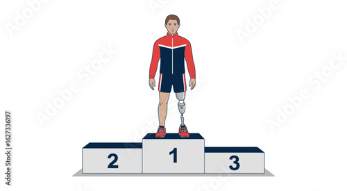 A male athlete with a prosthetic leg stands on the winner's podium, celebrating his victory vector design



