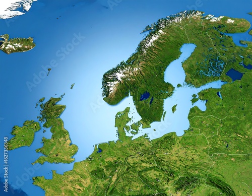 Detailed satellite view of Scandinavia and the British Isles from a high altitude