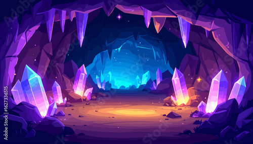 Enchanted crystal cave with glowing purple gemstones and a mysterious blue light.