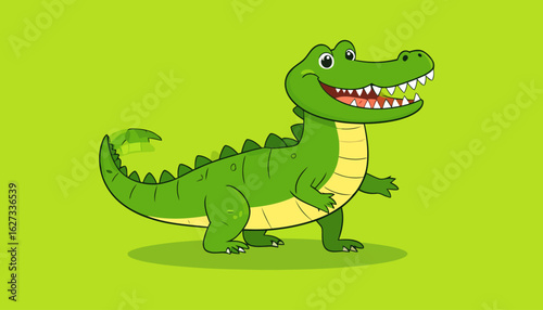 Cheerful green cartoon crocodile with a wide toothy smile and spiky back.