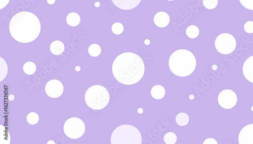 Seamless polka dot pattern with random white circles of various sizes on a soft pastel lavender purple background.
