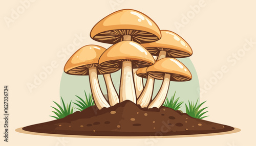 A vibrant cartoon illustration of a cluster of light brown mushrooms with visible gills, growing from a mound of rich soil.