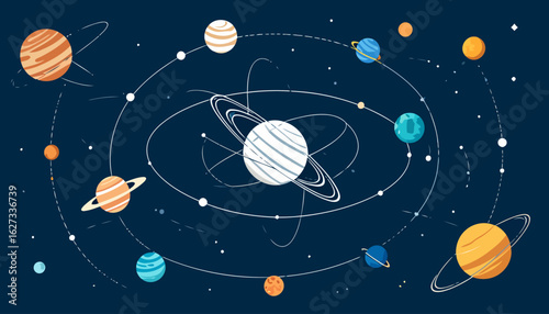 Colorful flat vector illustration of a fictional solar system with striped planets, rings, and orbital paths.