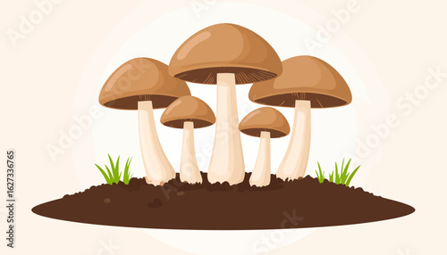 Illustrated cluster of brown mushrooms with smooth caps and thick stems growing in soil.