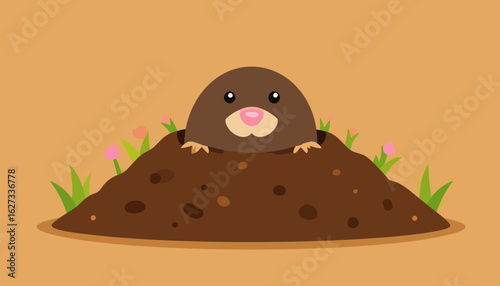 Cute brown cartoon mole with a pink nose peeking out of a dirt molehill with grass and small pink flowers.