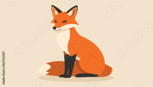 Elegant red fox illustration in a sitting pose, with pointy ears, black paws, and a bushy white-tipped tail.