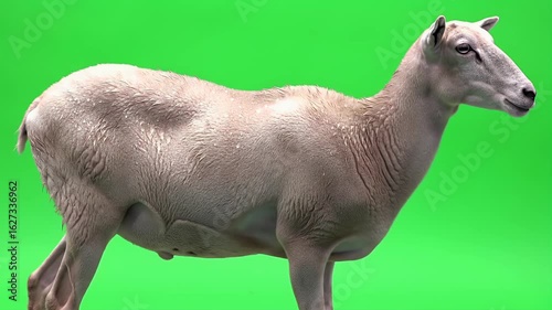 Profile view of a shorn domestic sheep standing on a vibrant green screen background, isolated animal