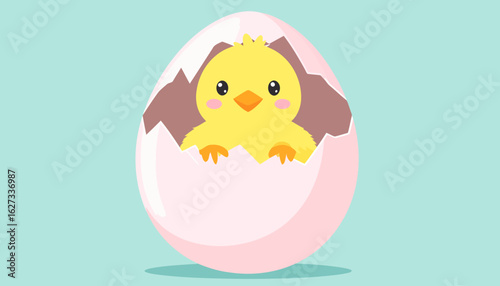 Adorable yellow baby chick with rosy cheeks hatching from a cracked pink eggshell.
