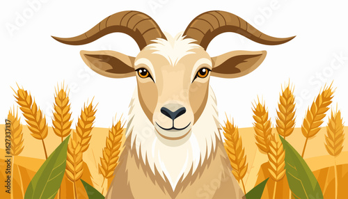 A stylized portrait of a friendly goat with large brown horns, standing in a golden wheat field.