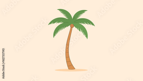 A simple cartoon illustration of a tropical palm tree with a curved brown trunk and lush green fronds.