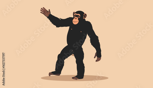 Friendly cartoon chimpanzee standing upright and waving its hand in a welcoming gesture.