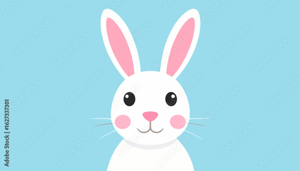 Fototapeta premium Cute white cartoon bunny with long pink ears and rosy cheeks. A smiling rabbit character in a minimalist flat design style.
