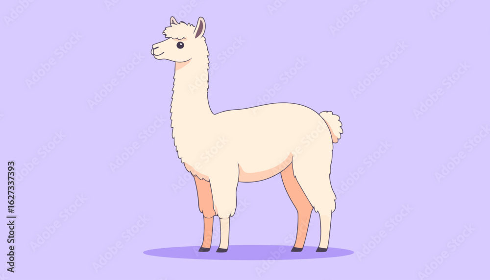 Cute cartoon llama with fluffy cream-colored wool, standing in profile with a gentle smile. Cute cartoon llama with fluffy cream-colored wool, standing in profile with a gentle smile.