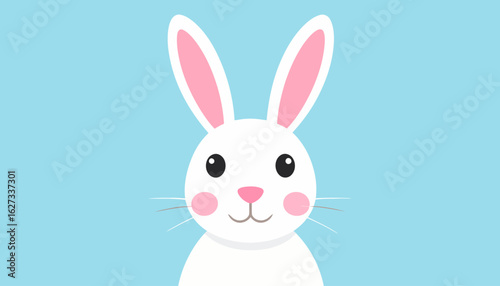 Cute white cartoon bunny with long pink ears and rosy cheeks. A smiling rabbit character in a minimalist flat design style.