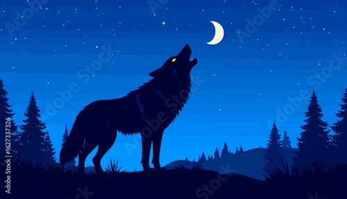 A majestic dark blue wolf silhouette with glowing yellow eyes, standing and howling.