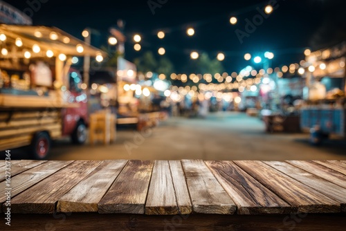 Rustic wooden tabletop atop a blurred night market