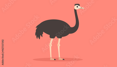 Stylized cartoon ostrich in profile view, featuring a dark body, long neck, and a spiky head crest.