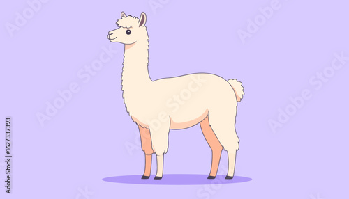 Cute cartoon llama with fluffy cream-colored wool, standing in profile with a gentle smile.