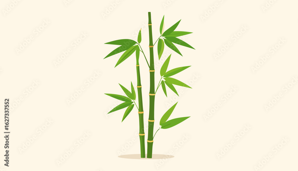 Obraz premium Stylized illustration of two green bamboo stalks with vibrant pointed leaves and yellow nodes.