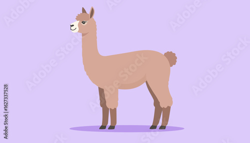 A cute brown cartoon llama with a long neck, white muzzle, and fluffy tail, standing in profile view.