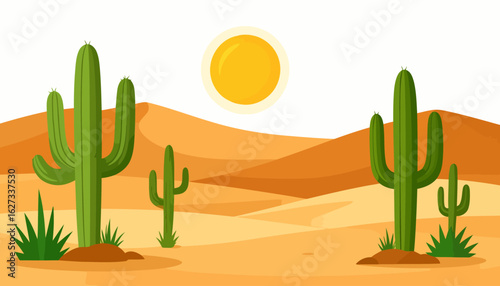A vibrant, flat illustration of a desert landscape with saguaro cacti, rolling sand dunes, and a bright sun.