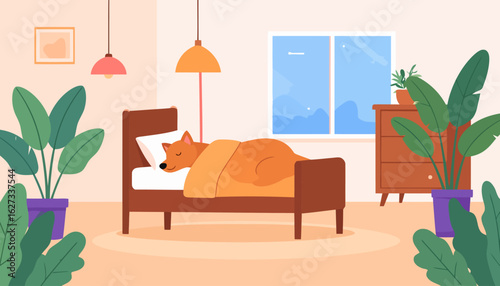 A content orange dog with closed eyes sleeping soundly in a brown bed, tucked under a warm blanket.