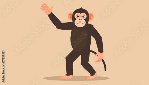 A friendly cartoon chimpanzee with dark brown fur, standing and waving with a happy smile.