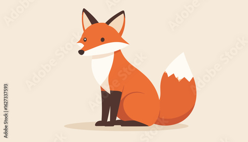 A stylized cartoon red fox sitting calmly, featuring orange fur, a white-tipped bushy tail, and pointed ears in a flat design.