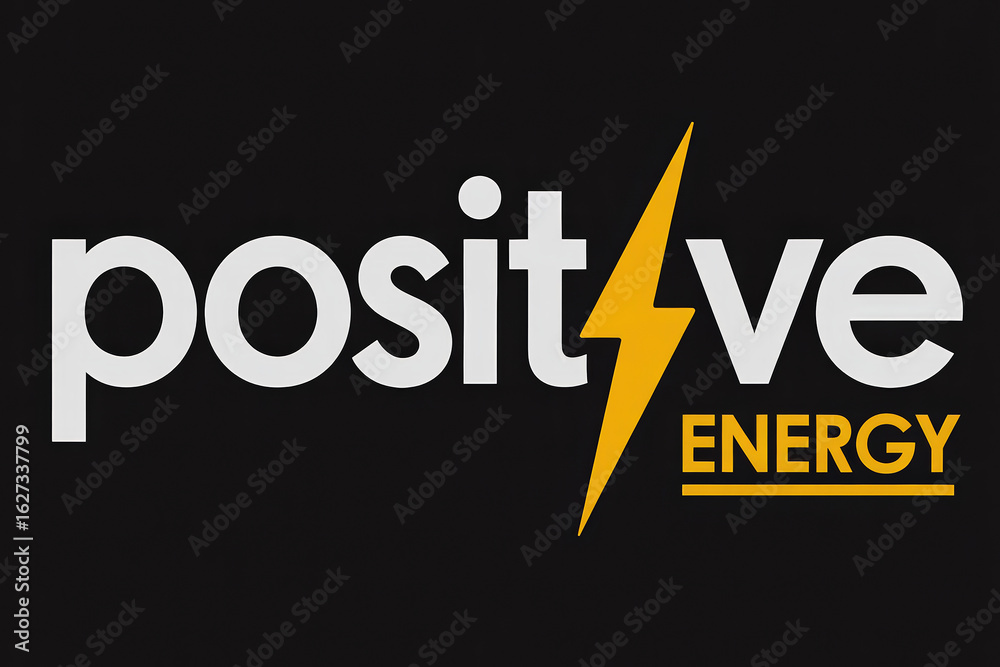Fototapeta premium Bold Graphic Design Featuring the Words POSITIVE ENERGY with a Lightning Bolt Symbolizing Power and Optimism on a Dark Background