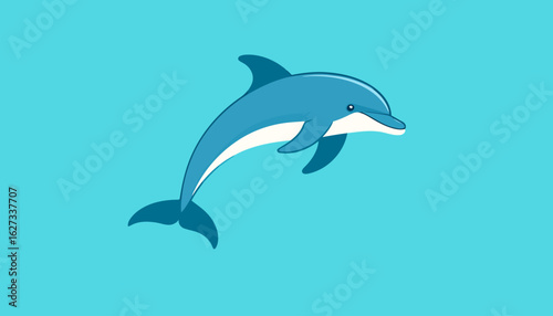 Cheerful blue and white cartoon dolphin character leaping gracefully with a friendly smile.