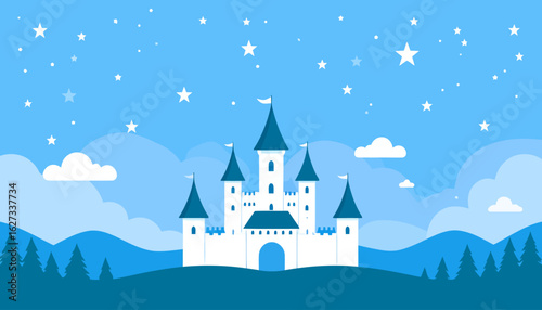 A magical white fairytale castle with dark blue conical roofs, multiple towers, and battlements.