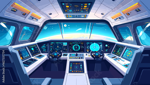 Futuristic spaceship cockpit interior in an anime style with glowing control panels and a panoramic view of an orbiting planet.