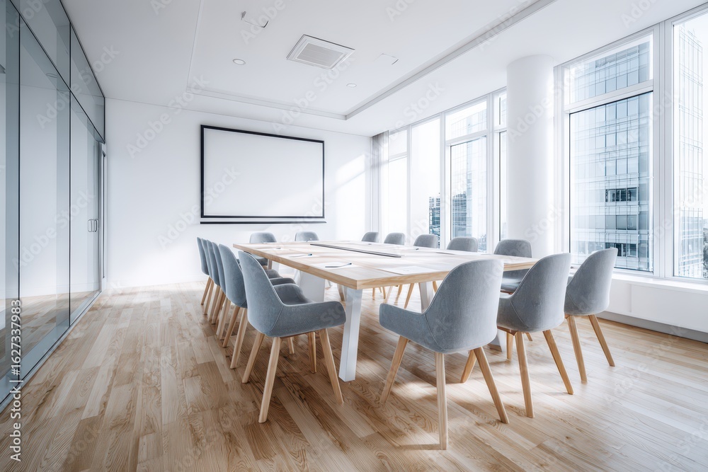 Fototapeta premium White modern conference room with large blank screen, light wood floors and grey chairs